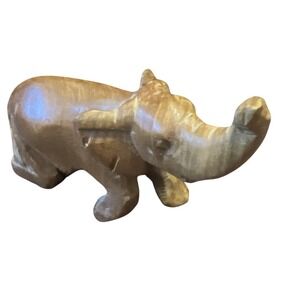 Vintage 5x2x3 Elephant Sitting Hand-Carved Wood Wooden Figurine Trunk Trumpeting